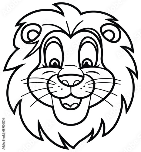 Playful Lion's Delight: A jovial illustration of a lion's face, meticulously crafted with black outlines. This image captures a sense of cheerfulness and amusement.