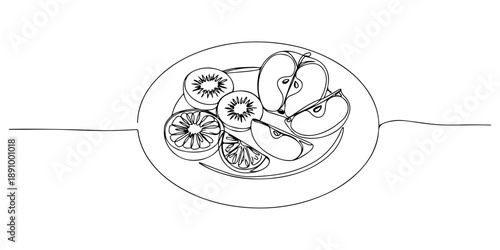 Continuous one line of a plate with fruit slices, representing fresh ingredients and healthy eating, drawn vector illustration.