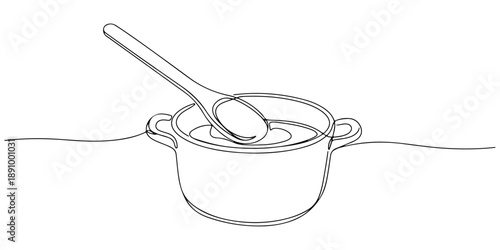 Continuous one line of a wooden spoon stirring a pot, symbolizing cooking techniques, drawn vector illustration.