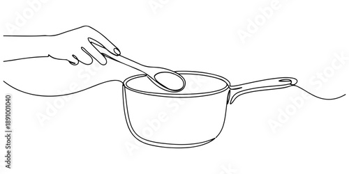Continuous one line of a wooden spoon stirring a pot, symbolizing cooking techniques, drawn vector illustration.