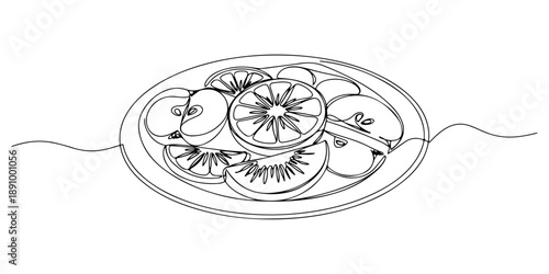 Continuous one line of a plate with fruit slices, representing fresh ingredients and healthy eating, drawn vector illustration.