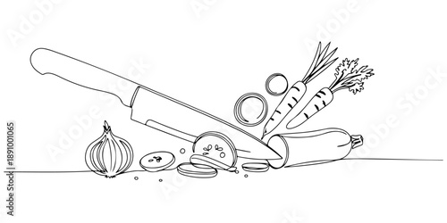 Continuous one line of a cutting knife slicing vegetables, representing meal preparation, drawn vector illustration.