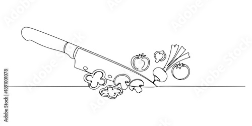 Continuous one line of a cutting knife slicing vegetables, representing meal preparation, drawn vector illustration.