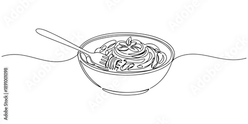 Continuous one line of a bowl of pasta with fork, symbolizing Italian cuisine, drawn vector illustration.