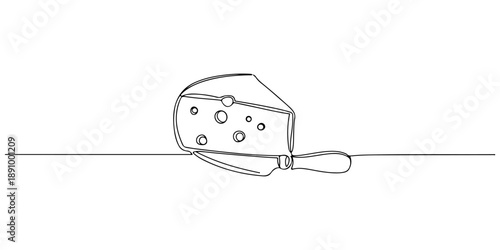 Continuous one line of a cheese wedge and knife, symbolizing culinary ingredients, drawn vector illustration.