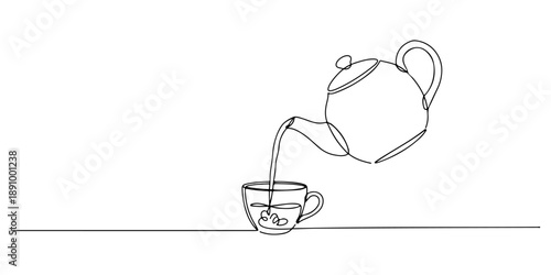 Continuous one line of a teapot pouring tea, symbolizing beverage preparation, drawn vector illustration.