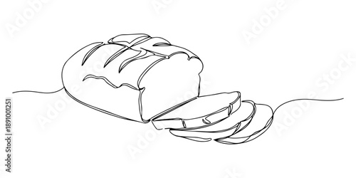 Continuous one line of a bread loaf with slices, representing artisan baking, drawn vector illustration.