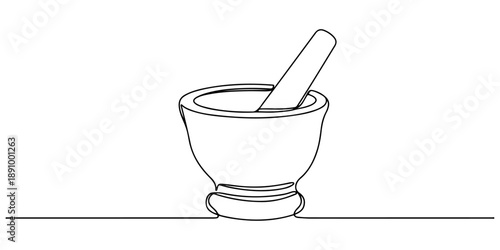 Continuous one line of a mortar and pestle, symbolizing spice preparation, drawn vector illustration.