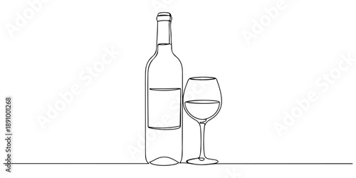 Continuous one line of a wine bottle and glass, representing gourmet dining, drawn vector illustration.