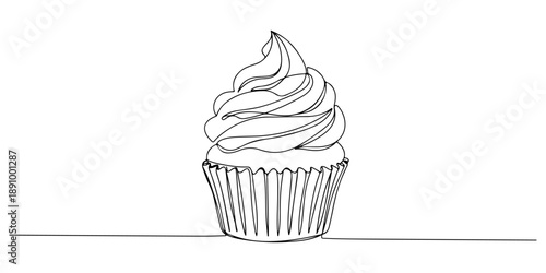 Continuous one line of a cupcake with frosting, representing desserts and confectionery, drawn vector illustration.