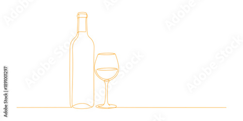 Continuous one line of a wine bottle and glass, representing gourmet dining, drawn vector illustration.