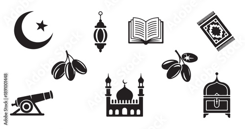 Islamic ramadan holiday icons including crescent moon lamp book rug dates and mosque cannon