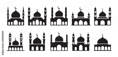 Muslim religious building shapes for ramadan greeting card decoration featuring various minaret arrangements