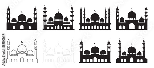 Mosque architecture set featuring various designs domes minarets arches and silhouette styles