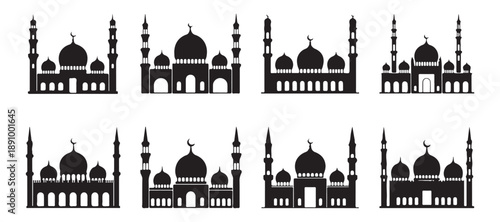 Collection of Islamic mosque designs with different architectural styles domes and minarets