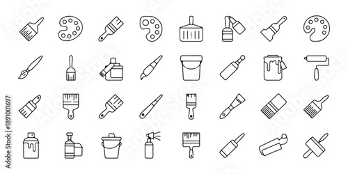 Comprehensive collection of line icons representing various art and painting tools with paint and palettes