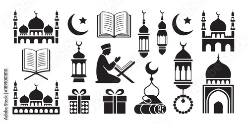 Ramadan kareem icon set featuring quran book lanterns prayer beads gift boxes and mosque silhouette elements