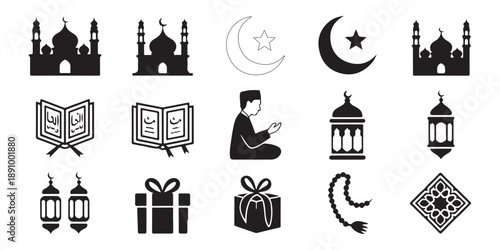 Islamic celebration icons featuring prayer silhouette lanterns crescent moon and quran for ramadan and eid day