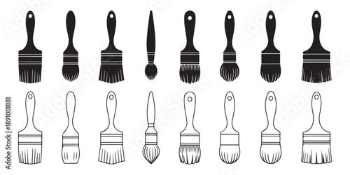Variety of paint brushes in solid black silhouettes and detailed line art styles diverse bristle and handle designs
