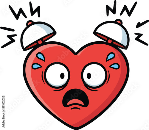 Heart Alarm Clock Emoji - Stressful Red Love Character Vector Sticker for Health Awareness Apps