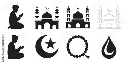 Set of islam icons isolated on white background depicting a praying person, mosques, crescent moon and star