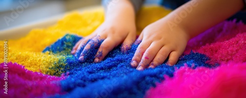 A child's hands play with colorful sand, exploring textures and vibrant hues in a sensory activity.
