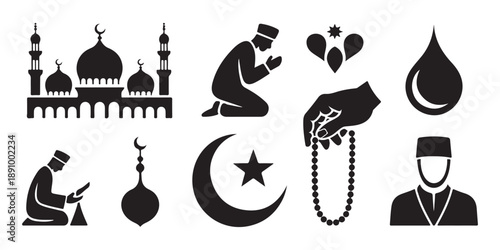 Set of islam icons isolated on white background depicting praying people, mosques, crescent moon and star