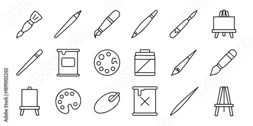 Set of line art artist tools on white background, drawing and painting supplies vector illustration