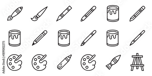 Set of line art art tools and supplies on white background, drawing and painting equipment vector illustration