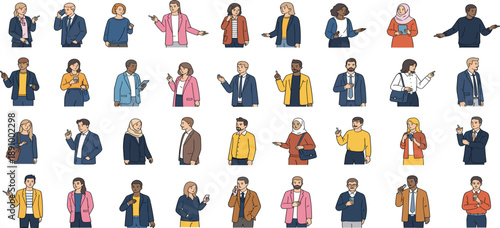 Business People Character Illustration Set with Men and Women in Professional Outfits, Office Poses, Corporate Communication, and Flat Vector Style