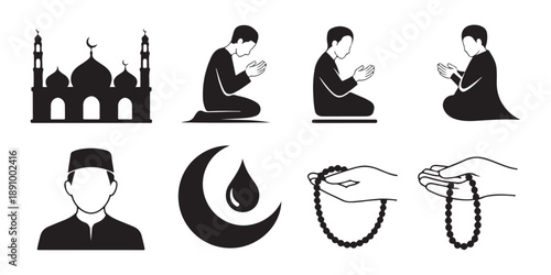 Islamic icons set mosque prayer person praying crescent moon water drop prayer beads hand gestures