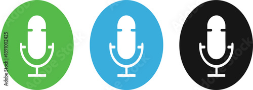 Microphone Icon Set for Voice Input, Audio Recording, Podcasting, Speech Control, and Media Communication Applications in Flat Vector Design