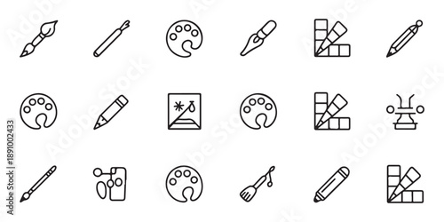 Variety of art and drawing instruments such as brushes palettes droppers color swatches and pencils for creative processes