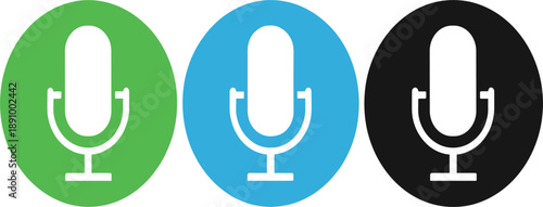 Microphone Icon Set with Voice Recording, Podcast, Audio Input, Speech Recognition, and Media Communication Symbols in Flat Vector Style