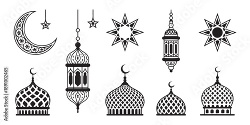 Ramadan decorative elements moon star lantern mosque domes intricate patterns for celebration design