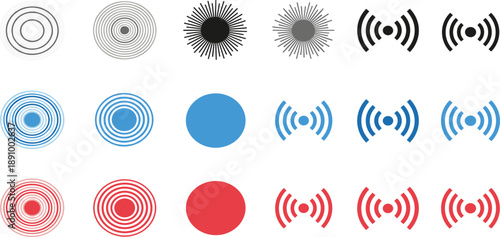 Signal Wave and Broadcast Icon Set with Radar Circles, Wireless Communication Symbols, WiFi Signals, Audio Waves, and Abstract Technology Elements