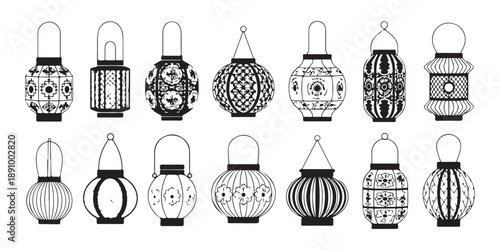 Traditional lantern collection with intricate patterns for festivals and oriental holiday decoration graphic