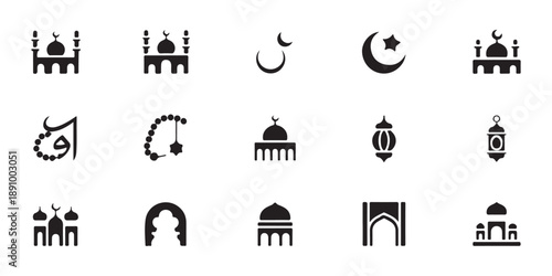 Islamic silhouette icon set for ramadan including mosque architecture prayer beads crescent and lamp design