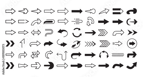 A vast collection of black arrow icons and symbols pointing in various directions, isolated on white background
