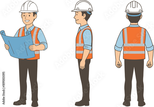 Construction worker or engineer character set showing front, side, and back views holding blueprints