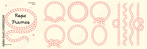 Hand drawn rope brush frames set. Braided circle cord borders and decorative lines with loops.