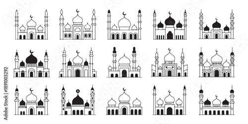 Set of outline mosque buildings with minarets and domes, representing islamic architecture and worship places