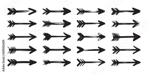 Set of hand drawn sketch arrows in black isolated on white background primitive doodle style graphic elements