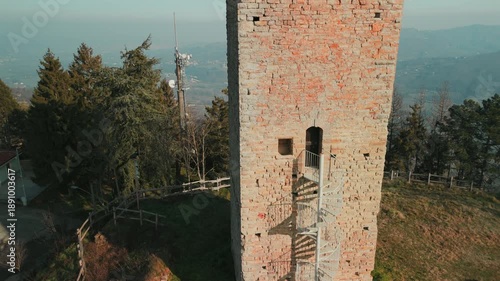 Drove aerial view of the little village of Castelletto d'Erro (Piedmont, Alessandria Province, Northern Italy). This hilly area is famous for its fine varieties of hazelnuts cultivation.
