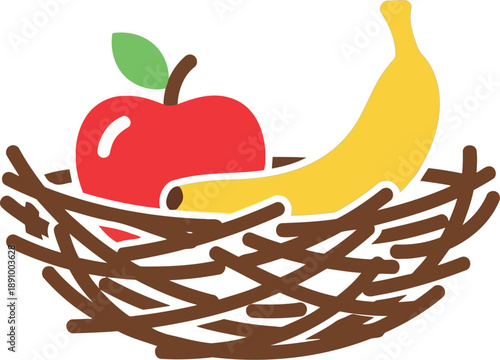 Colorful vector illustration of apple and banana in a bird nest for healthy food and nutrition concepts