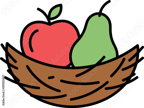 Colorful vector illustration of apple and pear in a nest for healthy food and organic produce concepts
