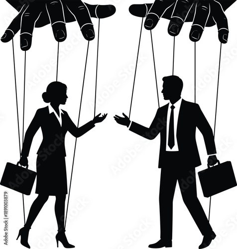 Business control and manipulation concept illustration, puppet strings guiding male and female professionals, corporate power influence, leadership authority metaphor, black silhouettes isolated  