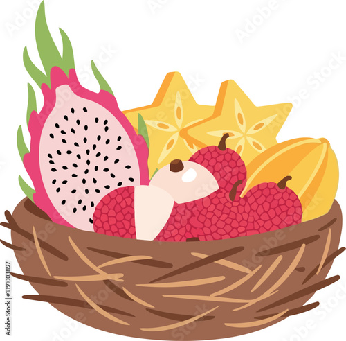 Tropical Exotic Fruit Basket Illustration with Dragon Fruit, Starfruit, and Lychee in Vector Style