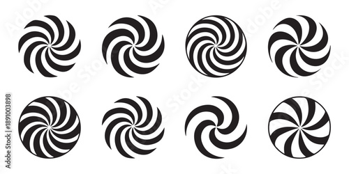 Abstract black spiral graphic elements isolated on white background circular twirling design elements
