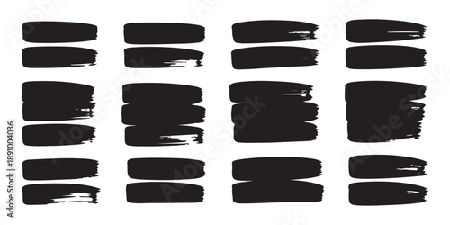 Minimalist thick ink stripes set with horizontal hand drawn paint strokes and textured monochrome border marks